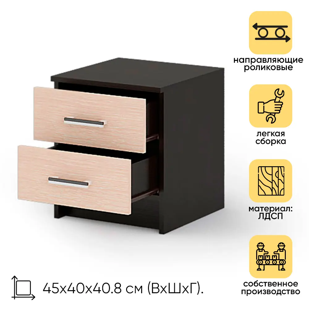 Фото Тумба прикроватная Doma 40x45x40.8 см 2 ящика ЛДСП цвет светлый дуб/венге Фото Тумба прикроватная Doma 40x45x40.8 см 2 ящика ЛДСП цвет светлый дуб/венге