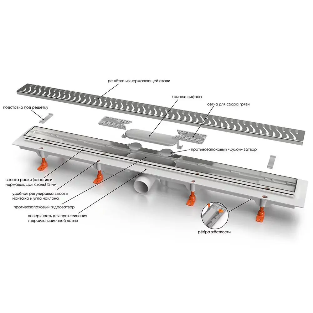 Фото 4 Трап для душа Veconi V550KN комбинированный затвор 63x550 мм пластик и металл Фото 4 Трап для душа Veconi V550KN комбинированный затвор 63x550 мм пластик и металл