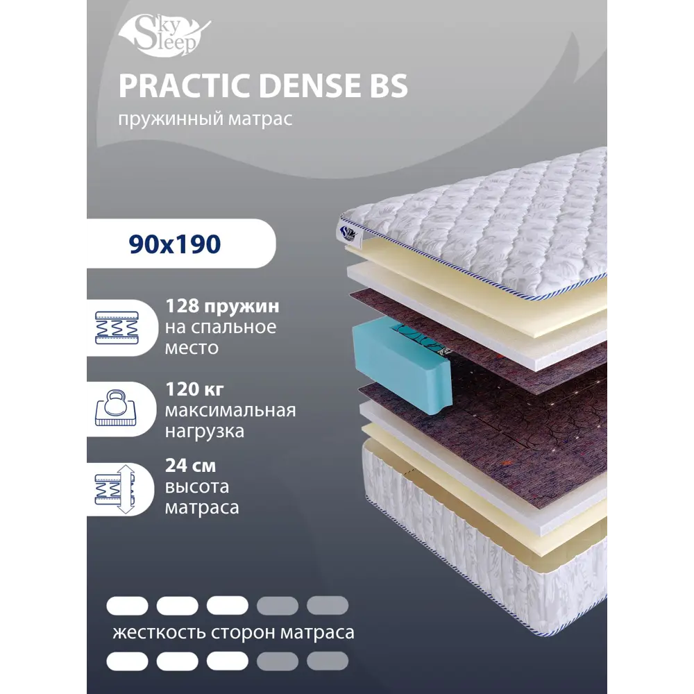 Фото Матрас SkySleep Practic Dense BS 90x190 см зависимый пружинный блок, односпальный, ортопедический Фото Матрас SkySleep Practic Dense BS 90x190 см зависимый пружинный блок, односпальный, ортопедический