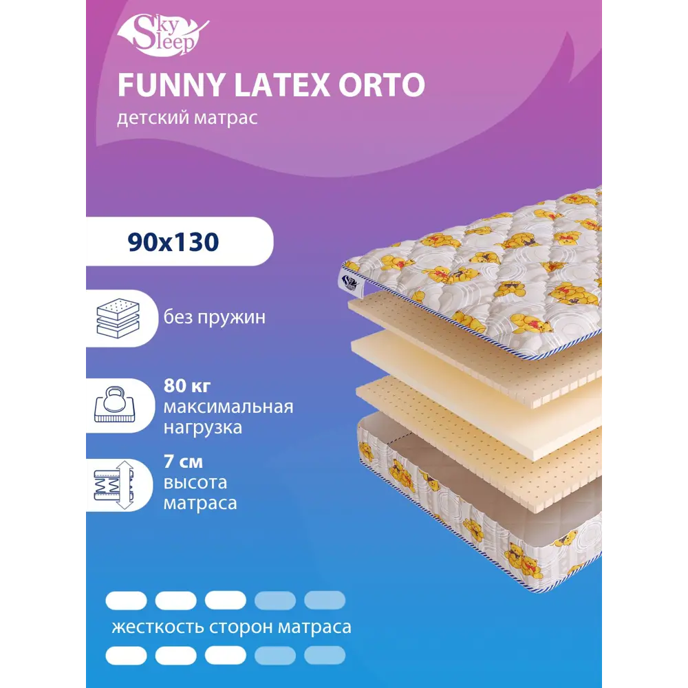 Фото Матрас SkySleep Funny Latex Orto 90x130 см беспружинный, односпальный, ортопедический, латексный Фото Матрас SkySleep Funny Latex Orto 90x130 см беспружинный, односпальный, ортопедический, латексный