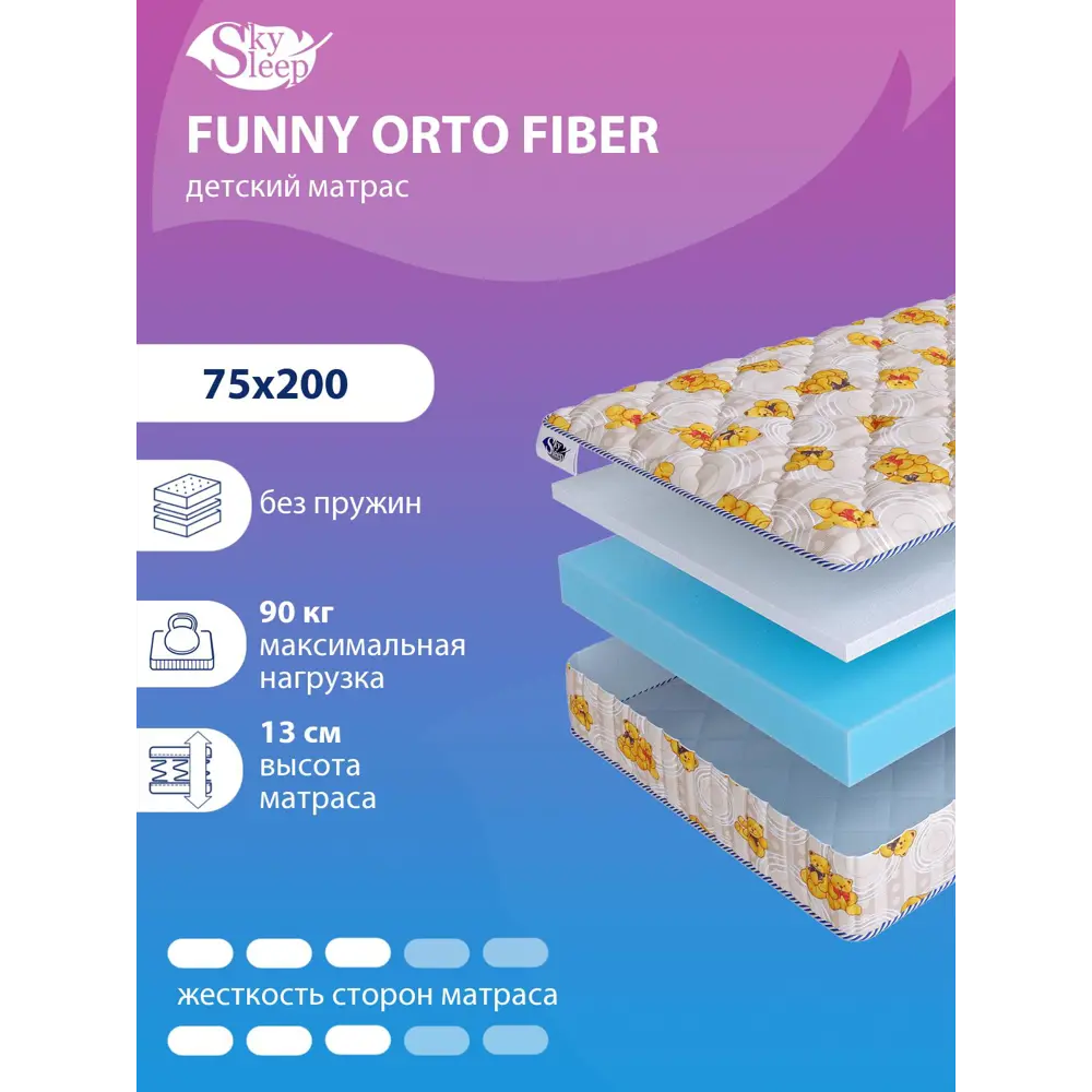 Фото Матрас SkySleep Funny Orto Fiber 75x200 см беспружинный, детский, ортопедический Фото Матрас SkySleep Funny Orto Fiber 75x200 см беспружинный, детский, ортопедический