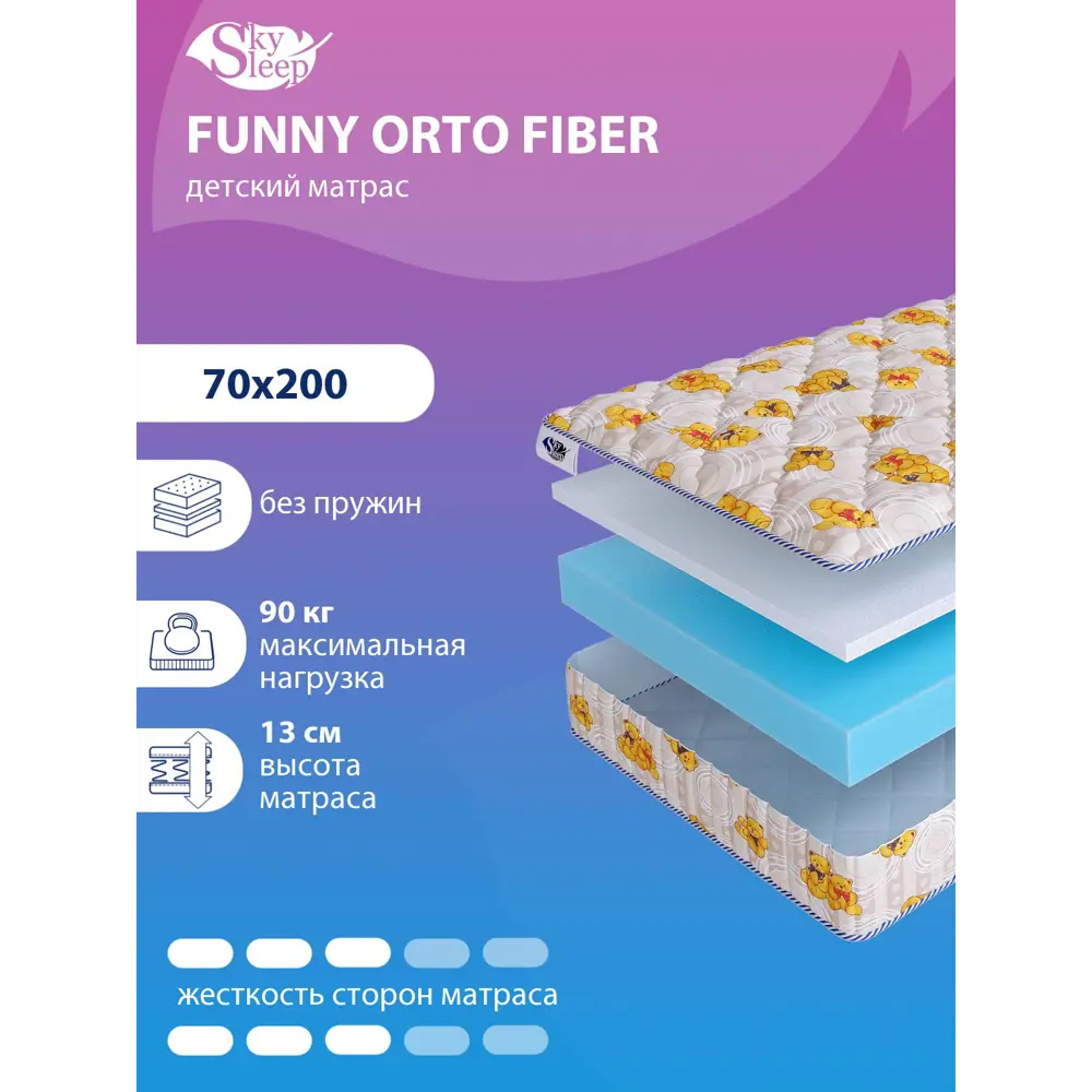 Фото Матрас SkySleep Funny Orto Fiber 70x200 см беспружинный, детский, ортопедический Фото Матрас SkySleep Funny Orto Fiber 70x200 см беспружинный, детский, ортопедический