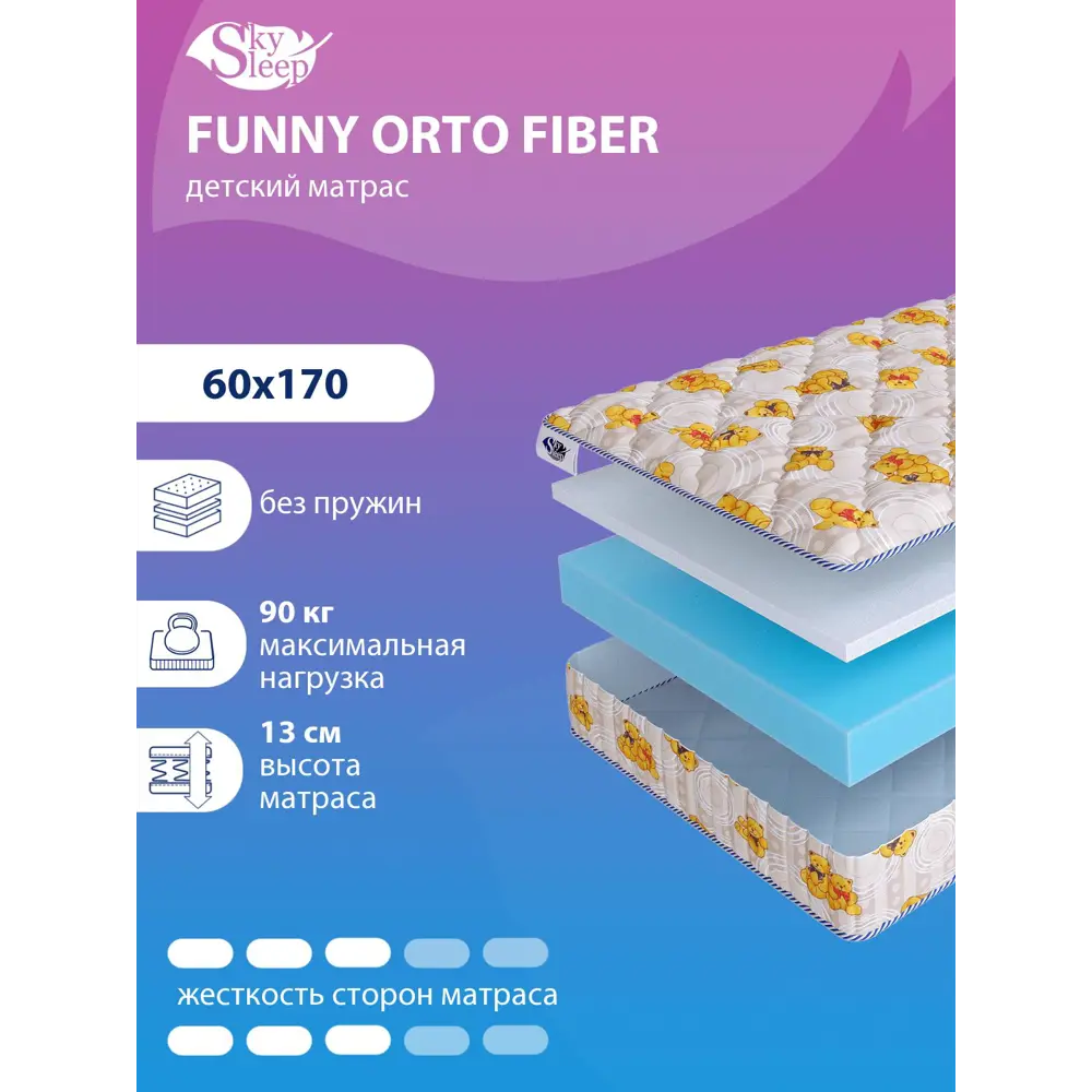 Фото Матрас SkySleep Funny Orto Fiber 60x170 см беспружинный, детский, ортопедический Фото Матрас SkySleep Funny Orto Fiber 60x170 см беспружинный, детский, ортопедический