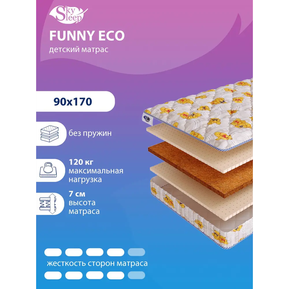 Фото Матрас SkySleep Funny Eco 90x170 см беспружинный, односпальный, ортопедический, латексный, кокосовый Фото Матрас SkySleep Funny Eco 90x170 см беспружинный, односпальный, ортопедический, латексный, кокосовый
