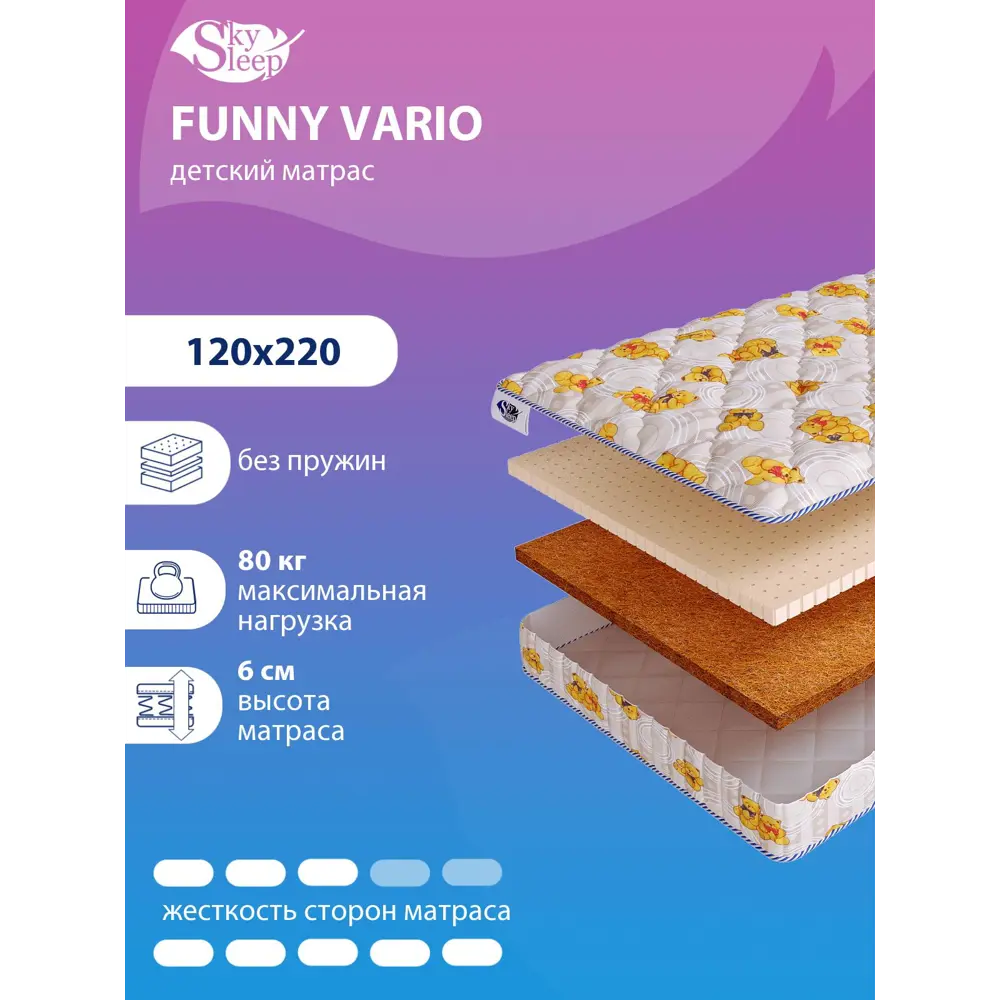 Фото Матрас SkySleep Funny Vario 120x220 см беспружинный, полутораспальный, ортопедический, латексный, кокосовый Фото Матрас SkySleep Funny Vario 120x220 см беспружинный, полутораспальный, ортопедический, латексный, кокосовый