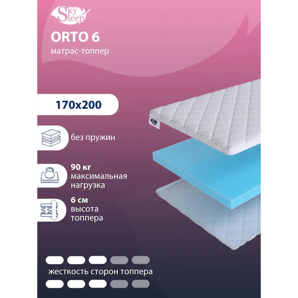 Фото Тонкий матрас SkySleep Orto 6 на софу 170x200 см, беспружинный, для дивана, жесткость: средняя, двуспальный, ортопедический Фото Тонкий матрас SkySleep Orto 6 на софу 170x200 см, беспружинный, для дивана, жесткость: средняя, двуспальный, ортопедический