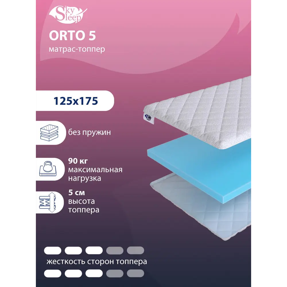 Фото Тонкий матрас SkySleep Orto 5 на кровать тахту 125x175 см, беспружинный, для дивана, жесткость: средняя, полутораспальный, ортопедический Фото Тонкий матрас SkySleep Orto 5 на кровать тахту 125x175 см, беспружинный, для дивана, жесткость: средняя, полутораспальный, ортопедический