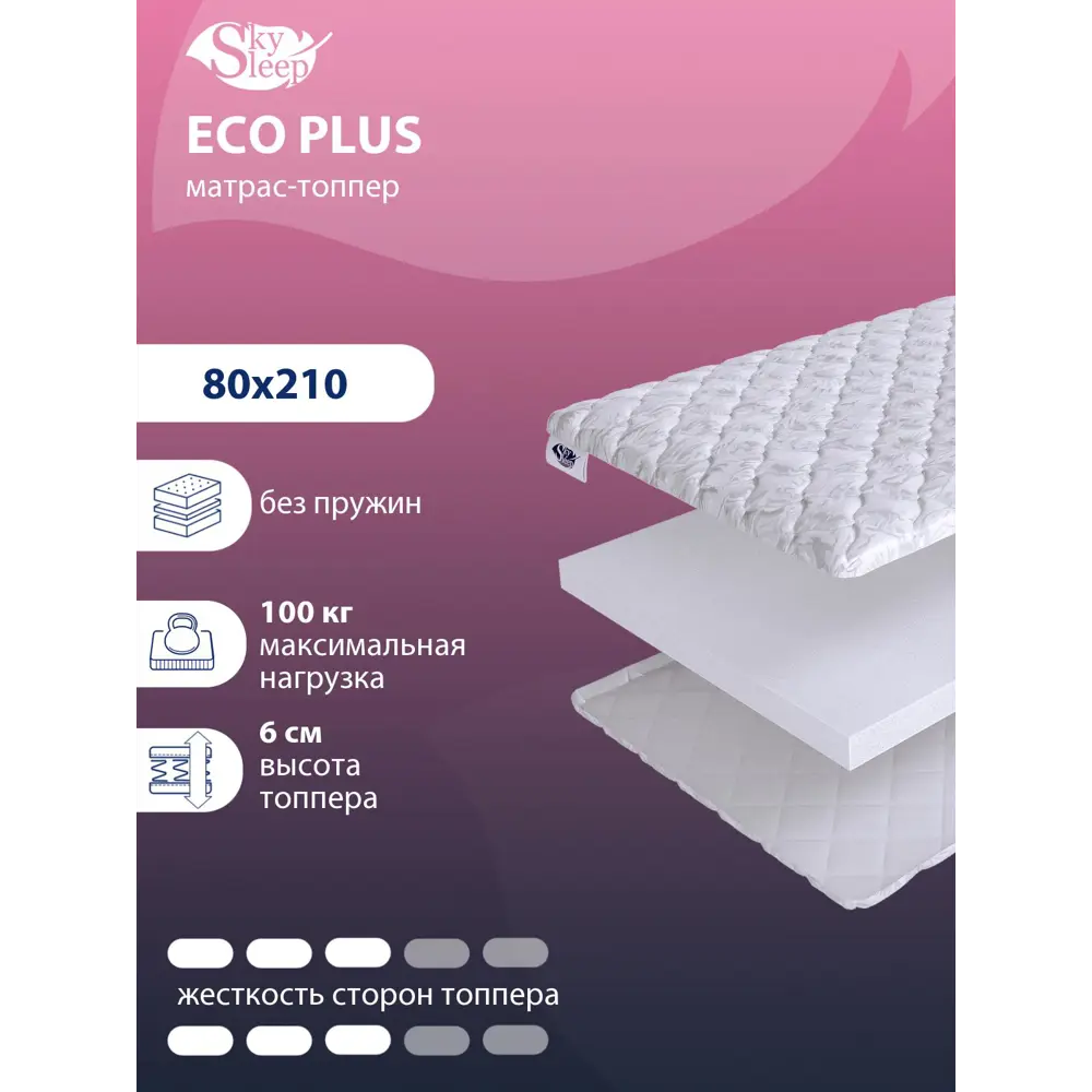 Фото Топпер SkySleep Eco Plus на оттоманку 80x210 см, беспружинный, жесткость: средняя, односпальный, ортопедический Фото Топпер SkySleep Eco Plus на оттоманку 80x210 см, беспружинный, жесткость: средняя, односпальный, ортопедический