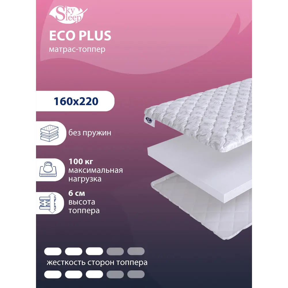 Фото Топпер SkySleep Eco Plus на оттоманку 160x220 см, беспружинный, жесткость: средняя, двуспальный, ортопедический Фото Топпер SkySleep Eco Plus на оттоманку 160x220 см, беспружинный, жесткость: средняя, двуспальный, ортопедический