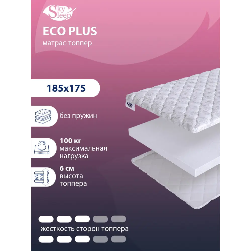Фото Топпер SkySleep Eco Plus на оттоманку 185x175 см, беспружинный, жесткость: средняя, двуспальный, ортопедический Фото Топпер SkySleep Eco Plus на оттоманку 185x175 см, беспружинный, жесткость: средняя, двуспальный, ортопедический