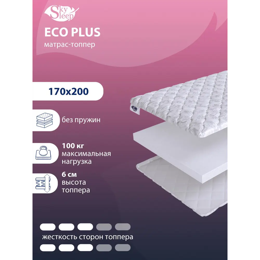 Фото Топпер SkySleep Eco Plus на оттоманку 170x200 см, беспружинный, жесткость: средняя, двуспальный, ортопедический Фото Топпер SkySleep Eco Plus на оттоманку 170x200 см, беспружинный, жесткость: средняя, двуспальный, ортопедический