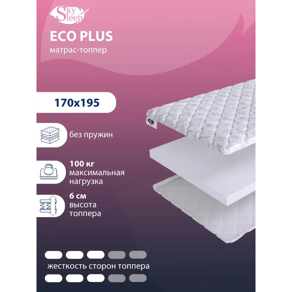 Фото Топпер SkySleep Eco Plus на оттоманку 170x195 см, беспружинный, жесткость: средняя, двуспальный, ортопедический Фото Топпер SkySleep Eco Plus на оттоманку 170x195 см, беспружинный, жесткость: средняя, двуспальный, ортопедический