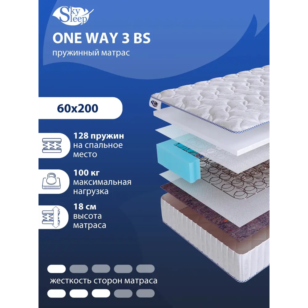 Фото Матрас SkySleep ONE WAY 3 BS 60x200 см зависимый пружинный блок, детский, ортопедический Фото Матрас SkySleep ONE WAY 3 BS 60x200 см зависимый пружинный блок, детский, ортопедический