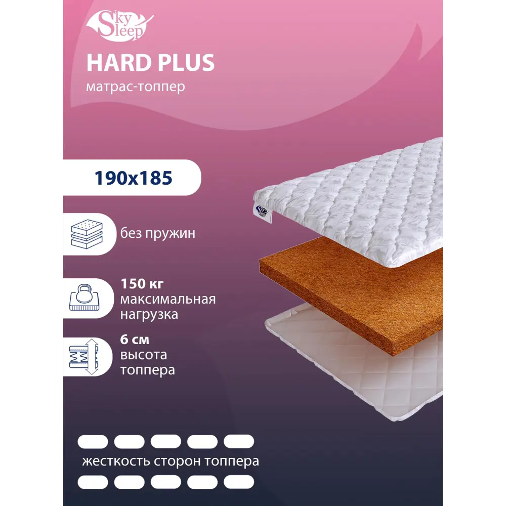 Фото Топпер SkySleep Hard Plus на топчан 190x185 см, беспружинный, жесткость: высокая, двуспальный, ортопедический, кокосовый