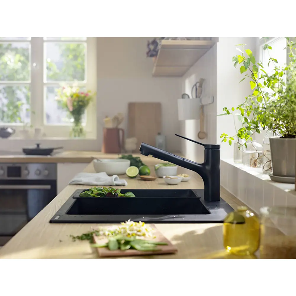 Фото 4 Смеситель для кухни однорычажный Hansgrohe 74800670 излив 14.6 см цвет черный матовый Фото 4 Смеситель для кухни однорычажный Hansgrohe 74800670 излив 14.6 см цвет черный матовый