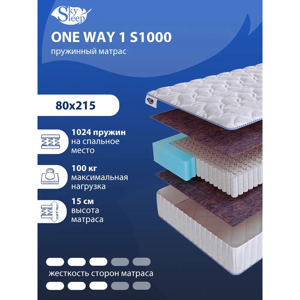 Фото Матрас SkySleep ONE WAY 1 S1000 80x215 см независимый пружинный блок, односпальный, ортопедический