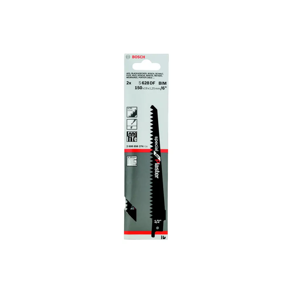 Фото Полотно для сабельной пилы BOSCH S 628 DF гипсокартон 150мм BIM 6 зуб/дюйм 2шт. Фото Полотно для сабельной пилы BOSCH S 628 DF гипсокартон 150мм BIM 6 зуб/дюйм 2шт.