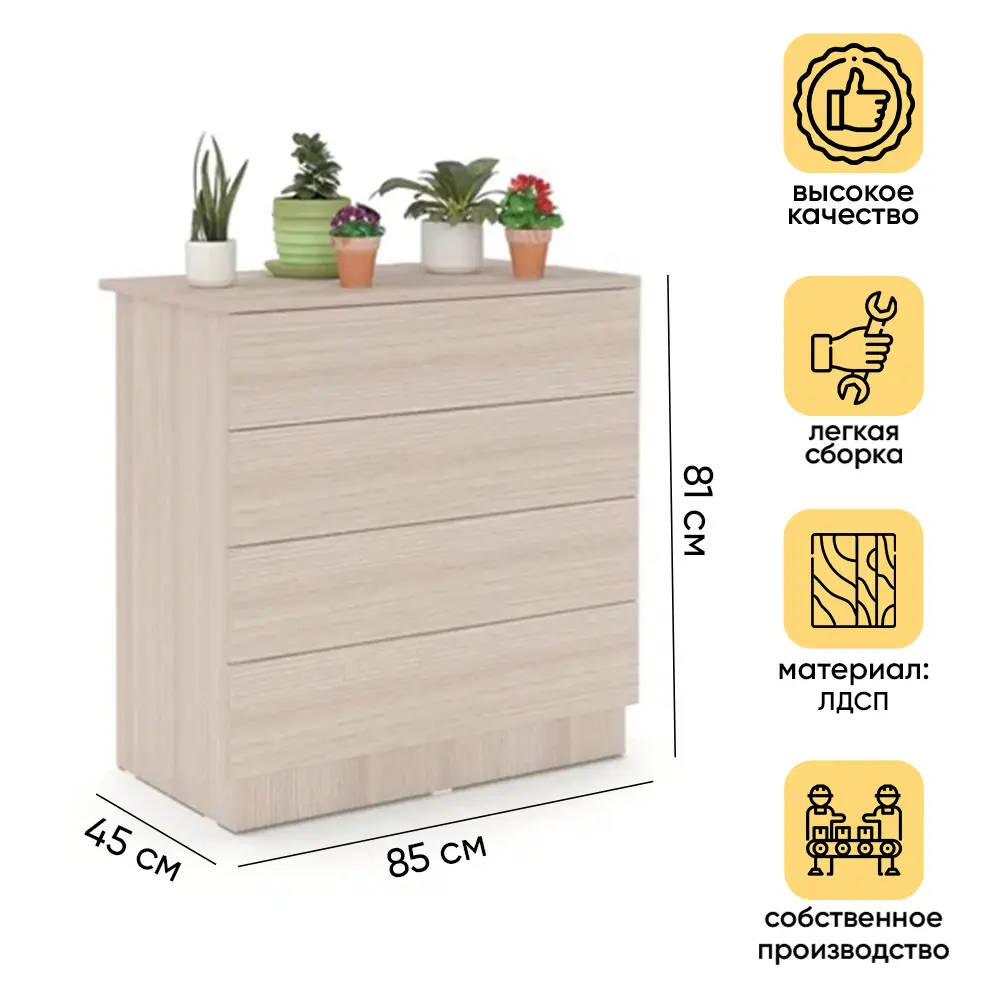 Фото Комод Doma Родной 4 ящика 85x45x81 см ЛДСП цвет бежевый Фото Комод Doma Родной 4 ящика 85x45x81 см ЛДСП цвет бежевый