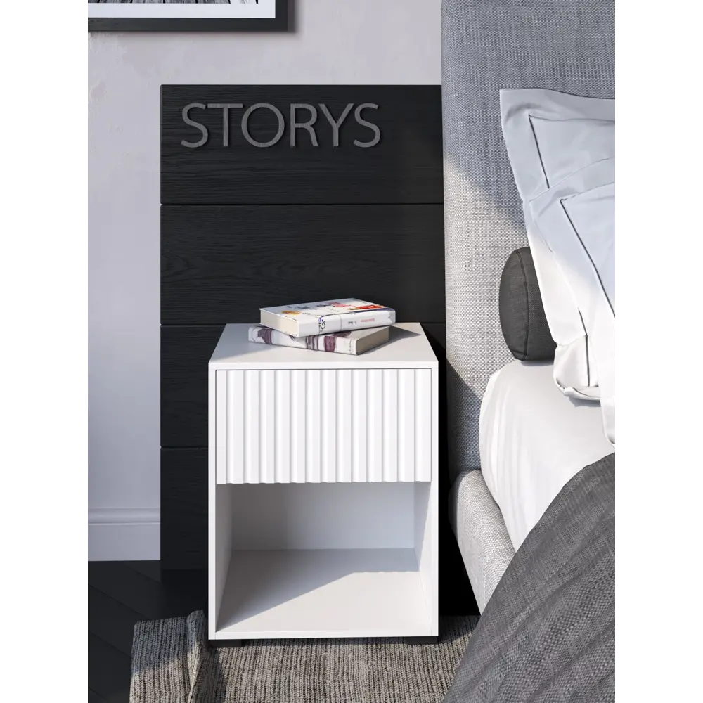 Фото Тумба прикроватная Storys Линда 95x48x33 см 1 ящик ЛДСП цвет белый Фото Тумба прикроватная Storys Линда 95x48x33 см 1 ящик ЛДСП цвет белый