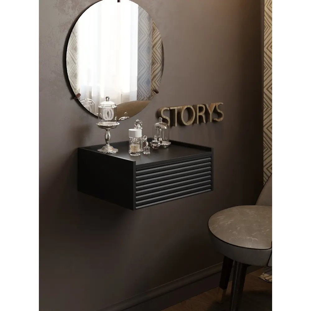 Фото Тумба с бортиком прикроватная Storys Сити 50x18x34 см 1 ящик ЛДСП цвет черный Фото Тумба с бортиком прикроватная Storys Сити 50x18x34 см 1 ящик ЛДСП цвет черный