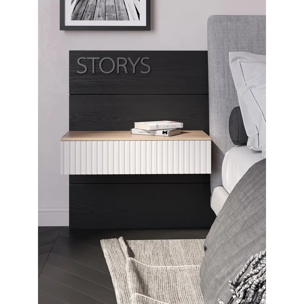 Фото Тумба прикроватная Storys Сити 95x18x34 см 1 ящик ЛДСП цвет белый/дуб сонома Фото Тумба прикроватная Storys Сити 95x18x34 см 1 ящик ЛДСП цвет белый/дуб сонома