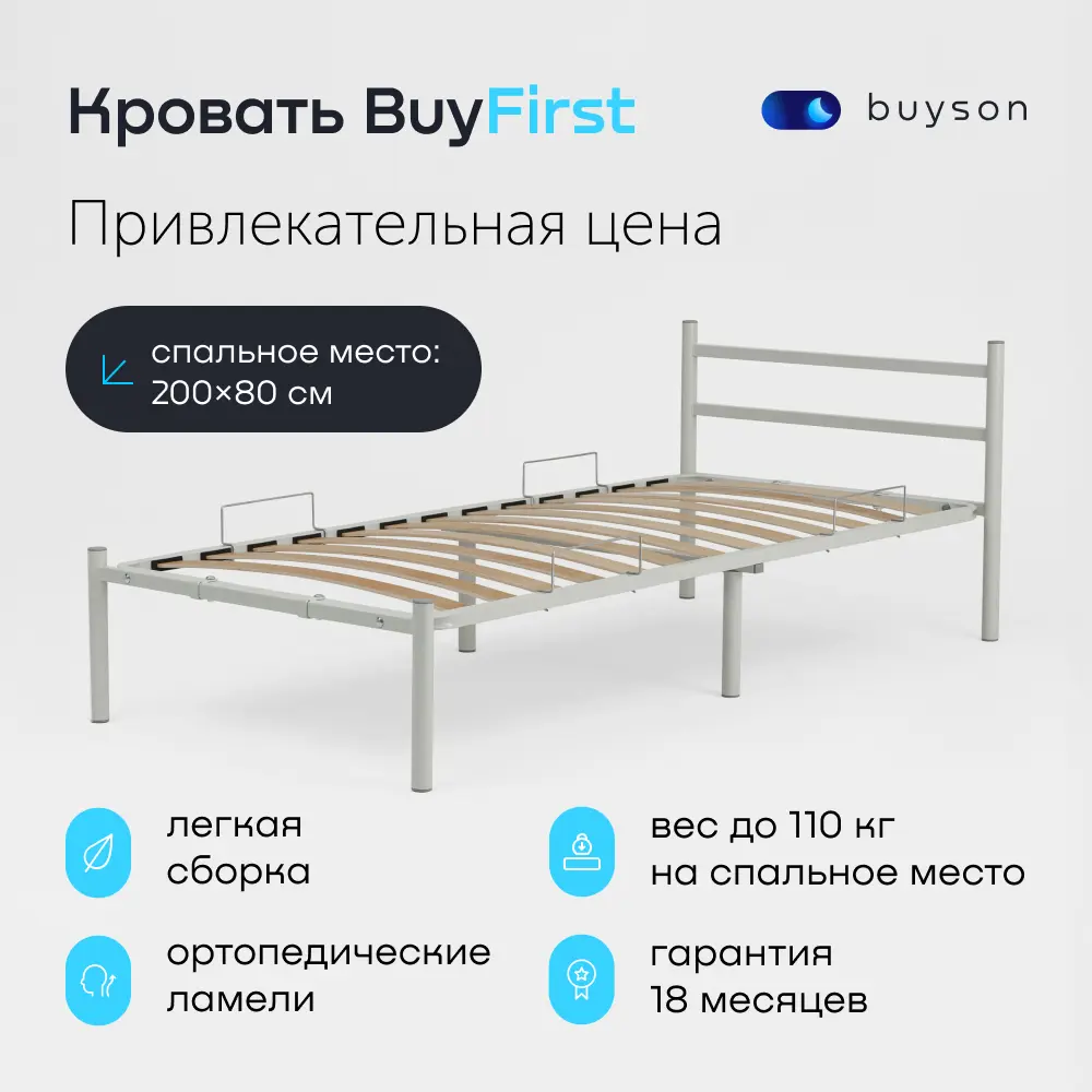 Фото 2 Кровать односпальная buyson BuyFirst 80x200 см металл цвет серый Фото 2 Кровать односпальная buyson BuyFirst 80x200 см металл цвет серый
