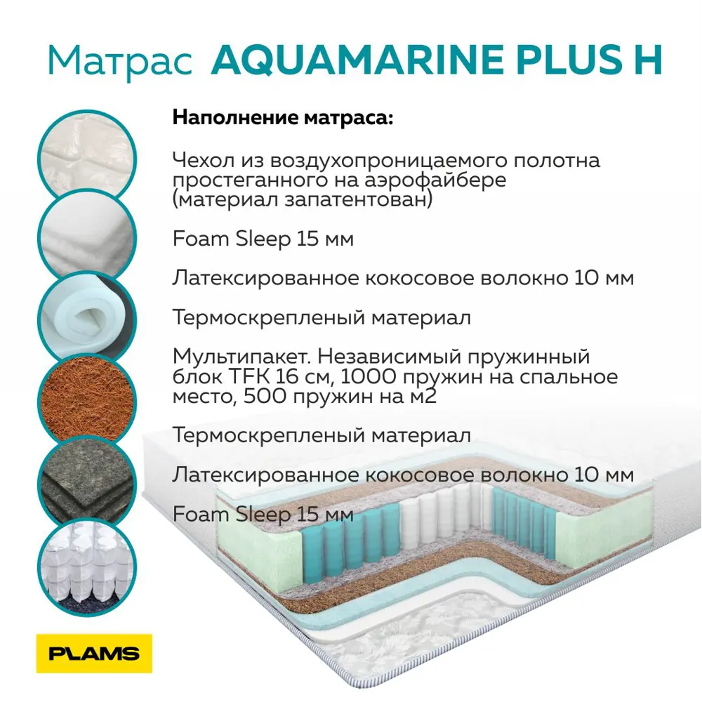 Фото 4 Матрас Plams Аквамарин Плюс H 120x190 см независимый пружинный блок, полутораспальный