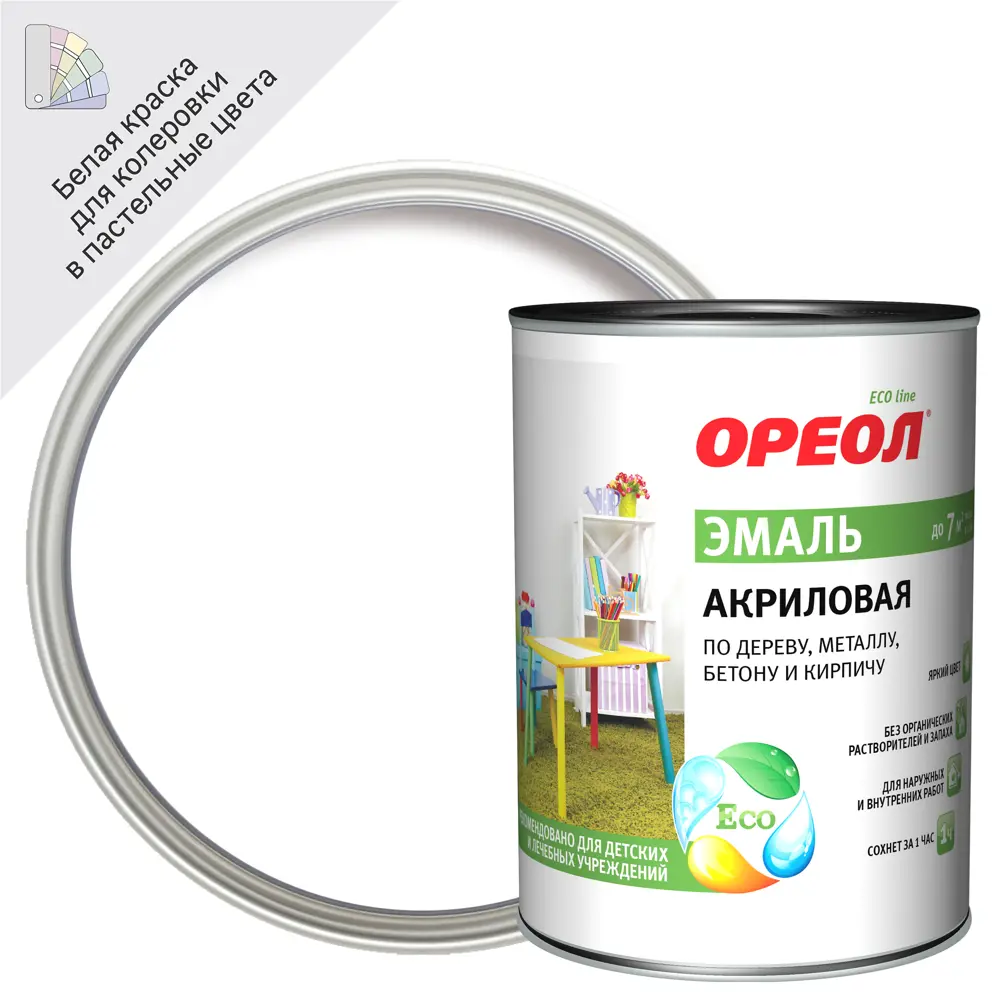 Фото Эмаль акриловая Ореол глянцевая цвет белый 0.9 кг