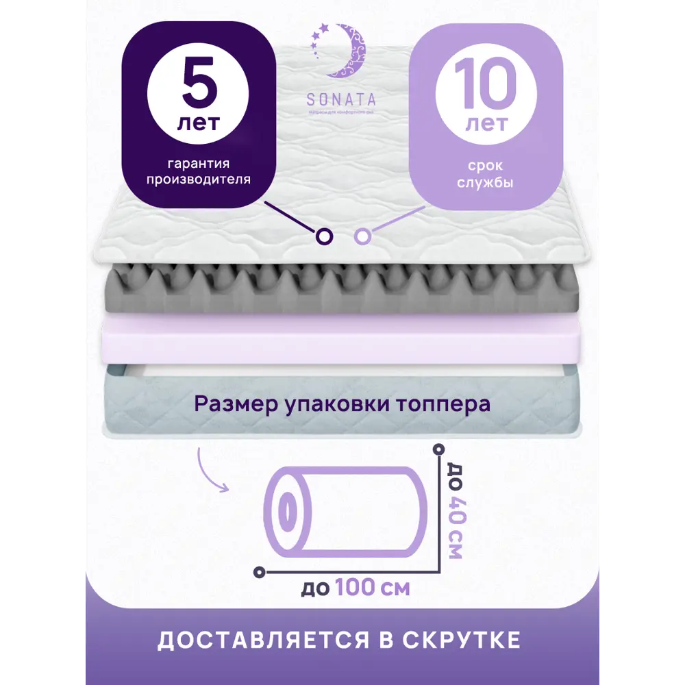 Фото 6 Ортопедический матрас топпер Sonata с массажным эффектом 180x190x5 см беспружинный, двуспальный Фото 6 Ортопедический матрас топпер Sonata с массажным эффектом 180x190x5 см беспружинный, двуспальный