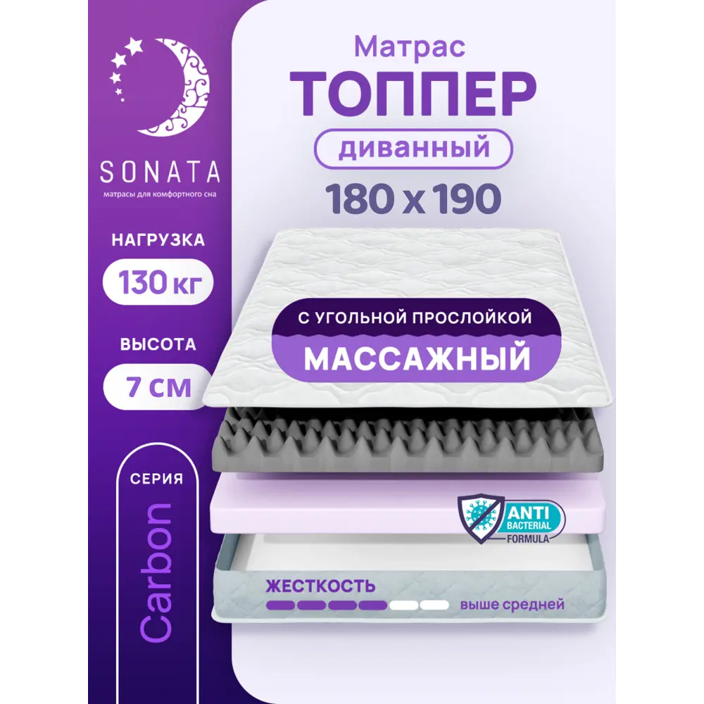 Фото Ортопедический матрас топпер Sonata с массажным эффектом 180x190x7 см беспружинный, двуспальный Фото Ортопедический матрас топпер Sonata с массажным эффектом 180x190x7 см беспружинный, двуспальный