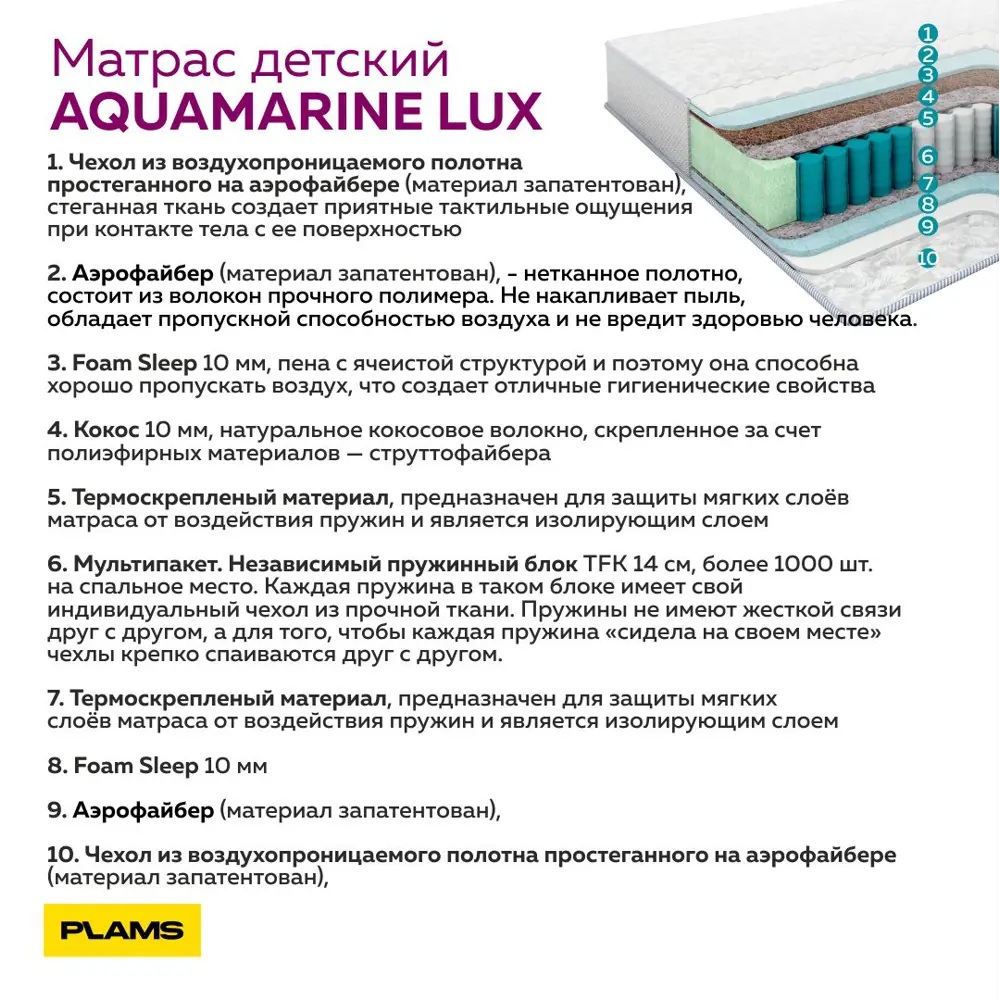Фото 5 Матрас Plams Аквамарин Люкс 70x140 см независимый пружинный блок, детский Фото 5 Матрас Plams Аквамарин Люкс 70x140 см независимый пружинный блок, детский
