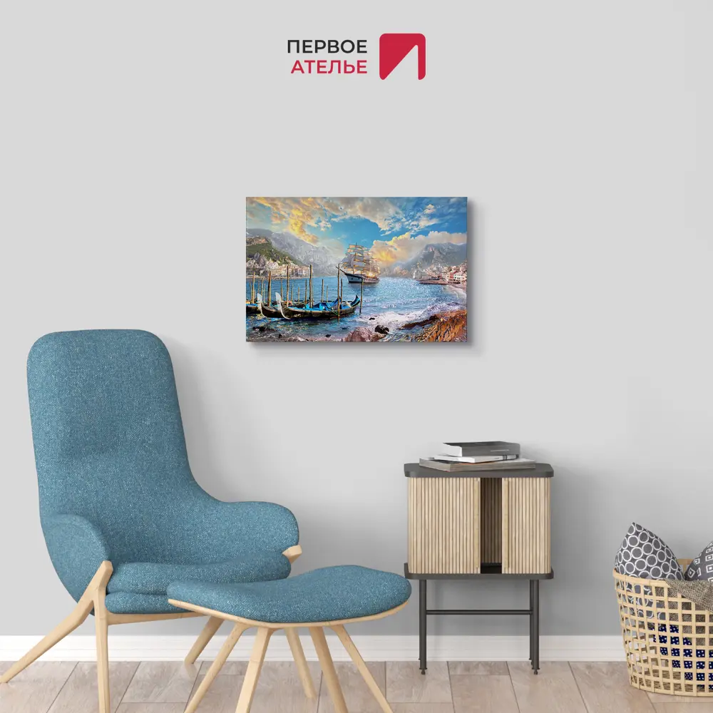 Фото 2 Картина на деревянном подрамнике Первое ателье "Лодки и корабль в море рядом с городом" 40x60 см Фото 2 Картина на деревянном подрамнике Первое ателье "Лодки и корабль в море рядом с городом" 40x60 см