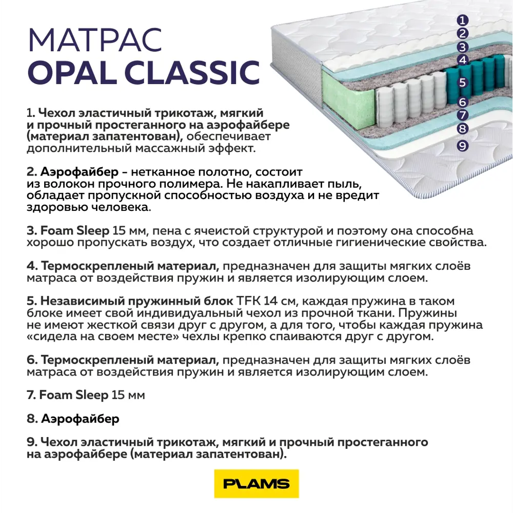 Фото 4 Матрас Plams Opal Classic (трикотаж) 140x200 см независимый пружинный блок, полутораспальный Фото 4 Матрас Plams Opal Classic (трикотаж) 140x200 см независимый пружинный блок, полутораспальный