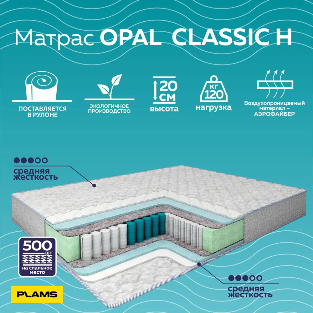 Фото 2 Матрас Plams Opal Classic Н 120x185 см независимый пружинный блок, полутораспальный Фото 2 Матрас Plams Opal Classic Н 120x185 см независимый пружинный блок, полутораспальный