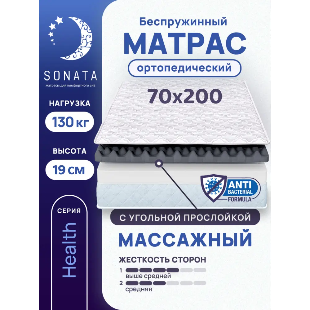 Фото Матрас Sonata ортопедический с массажным эффектом 70x200 см беспружинный детский толщина 19 см Фото Матрас Sonata ортопедический с массажным эффектом 70x200 см беспружинный детский толщина 19 см