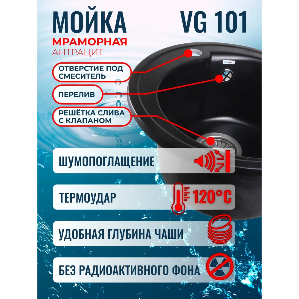 Фото 2 Накладная мойка и смеситель Vigro VG101-M04-4 42.30x42.30x18 см искусственный камень цвет антрацит Фото 2 Накладная мойка и смеситель Vigro VG101-M04-4 42.30x42.30x18 см искусственный камень цвет антрацит