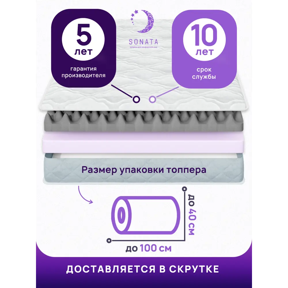 Фото 6 Матрас-топпер ортопедический Sonata 150x200x9 см с массажным эффектом беспружинный двуспальный Фото 6 Матрас-топпер ортопедический Sonata 150x200x9 см с массажным эффектом беспружинный двуспальный