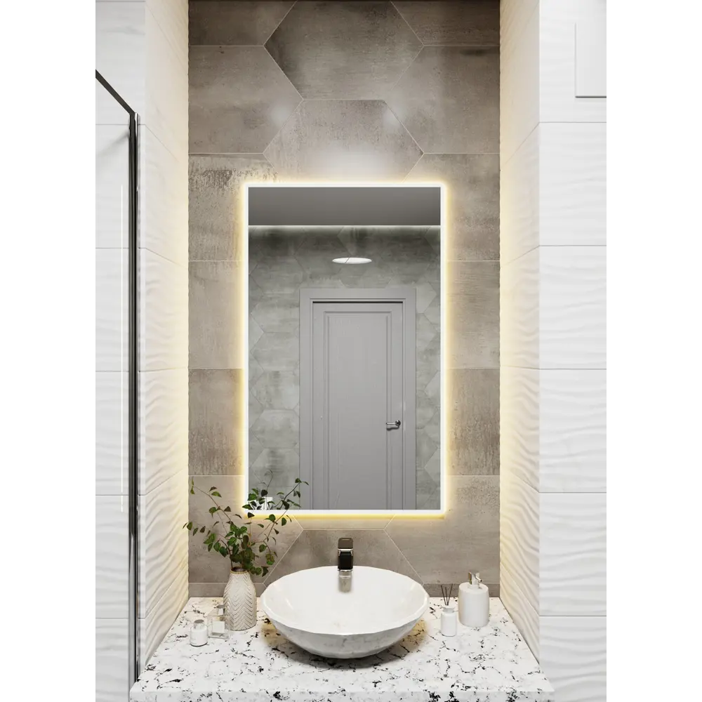 Фото Зеркало с подсветкой в алюминиевой раме настенное ONE Mirror 100x60 см свет теплый белый 3000К белое