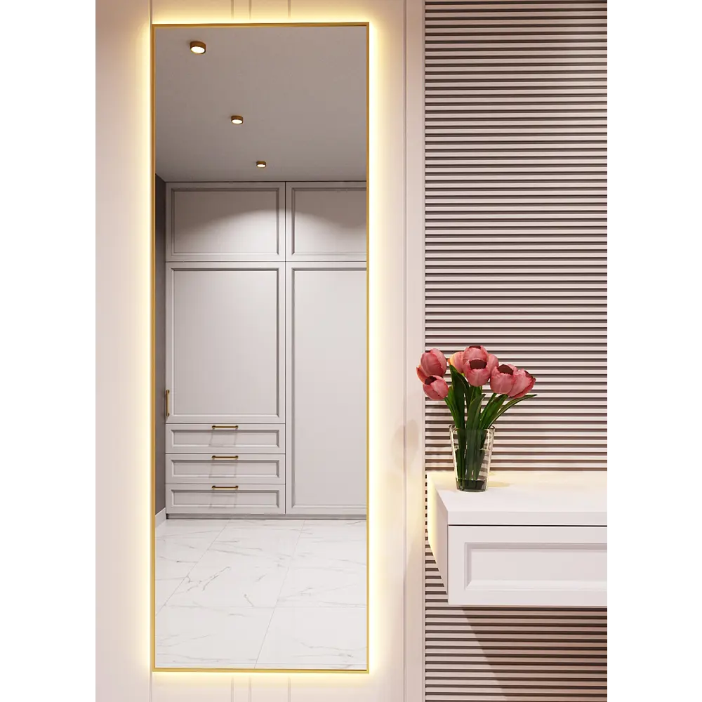 Фото Зеркало с подсветкой в алюминиевой раме настенное ONE Mirror 180x60 см свет теплый белый 3000К золото Фото Зеркало с подсветкой в алюминиевой раме настенное ONE Mirror 180x60 см свет теплый белый 3000К золото