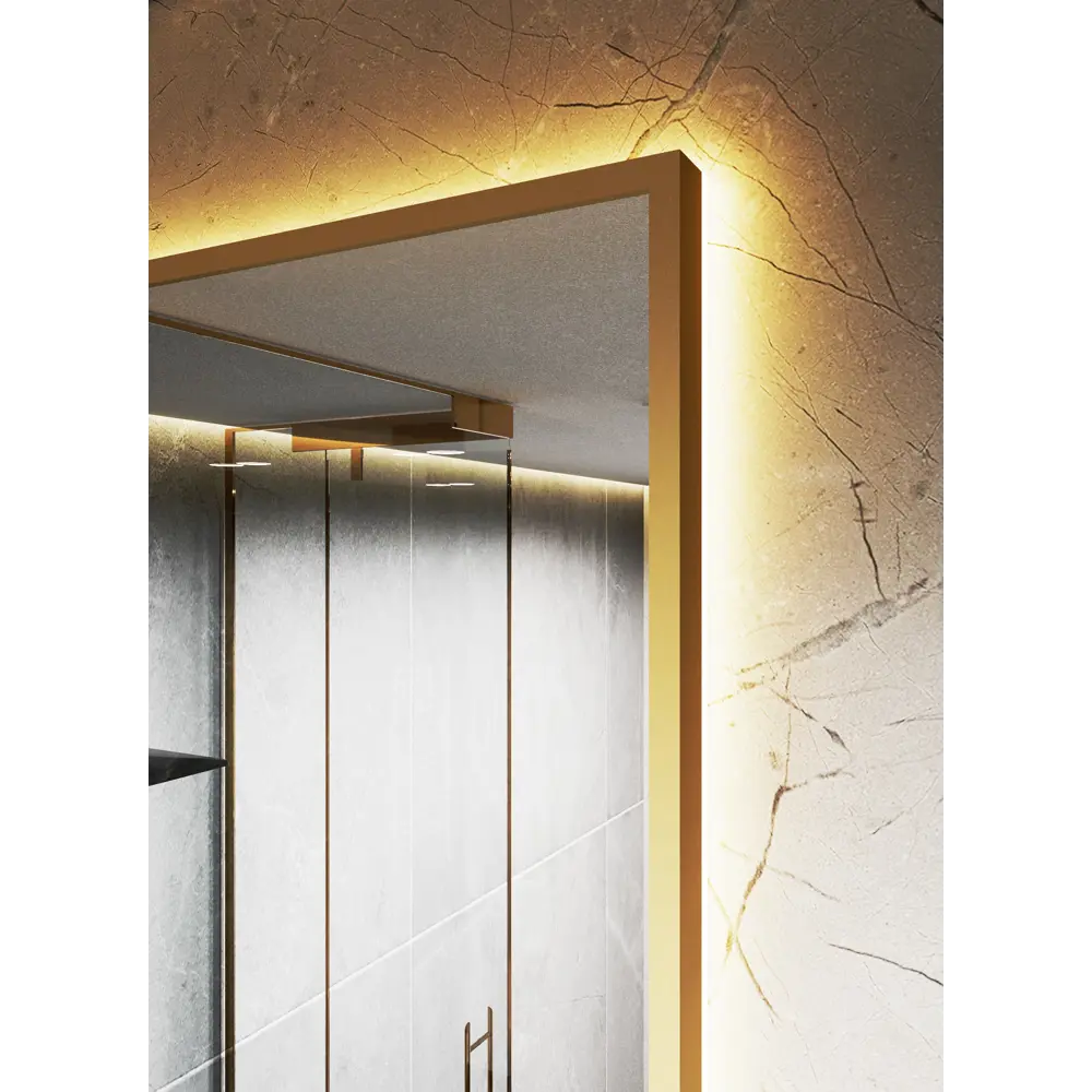 Фото 5 Зеркало с подсветкой в алюминиевой раме настенное ONE Mirror 70x50 см свет теплый белый 3000К золото Фото 5 Зеркало с подсветкой в алюминиевой раме настенное ONE Mirror 70x50 см свет теплый белый 3000К золото