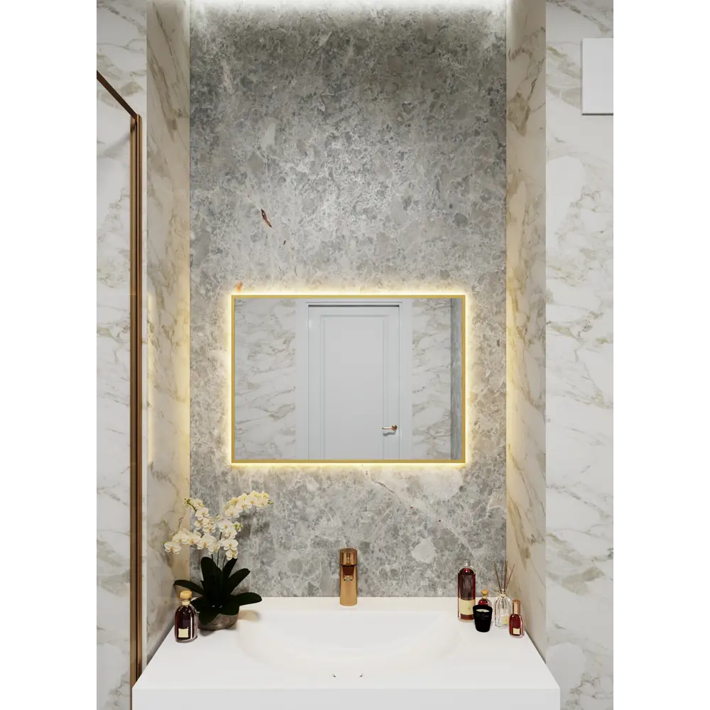 Фото 3 Зеркало с подсветкой в алюминиевой раме настенное ONE Mirror 70x50 см свет теплый белый 3000К золото Фото 3 Зеркало с подсветкой в алюминиевой раме настенное ONE Mirror 70x50 см свет теплый белый 3000К золото