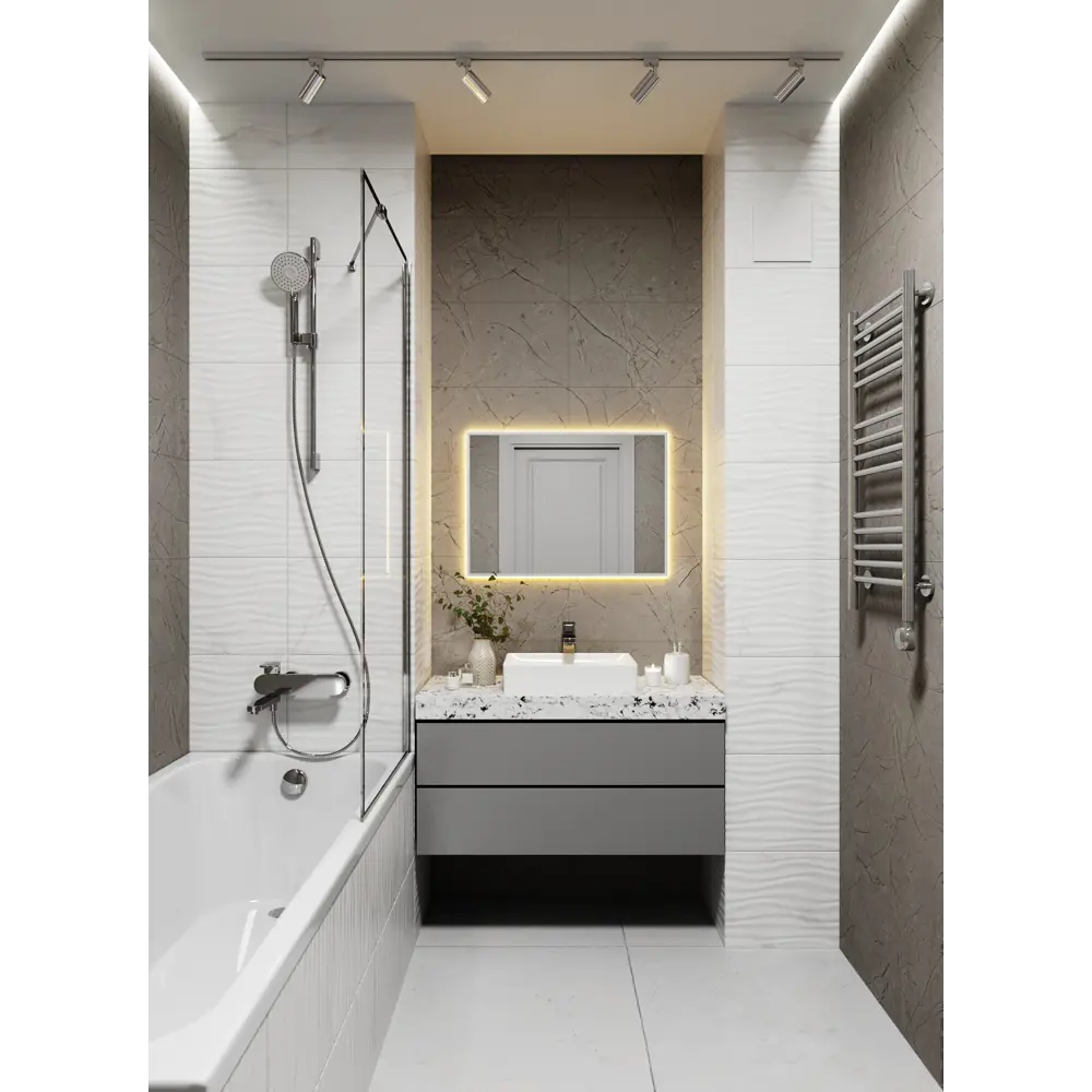 Фото 4 Зеркало с подсветкой в алюминиевой раме настенное ONE Mirror 70x50 см свет теплый белый 3000К серебро Фото 4 Зеркало с подсветкой в алюминиевой раме настенное ONE Mirror 70x50 см свет теплый белый 3000К серебро