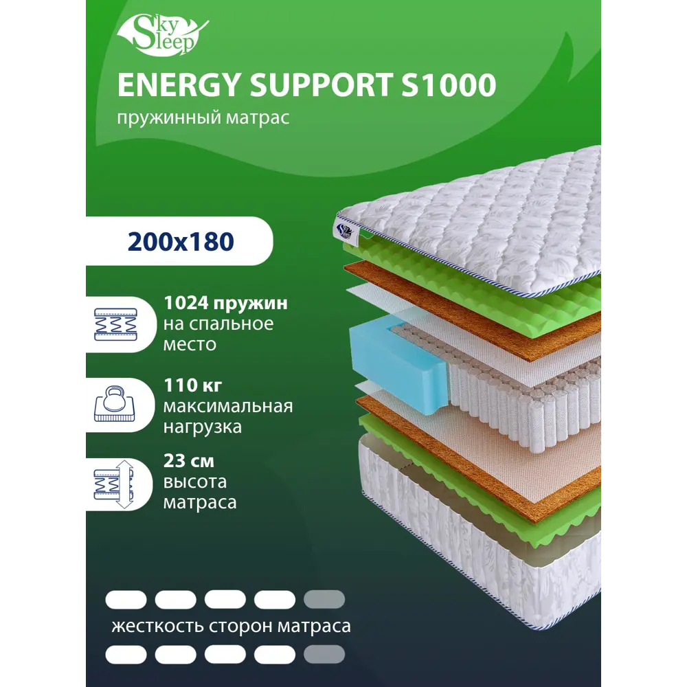 Фото Матрас SkySleep Energy Support S1000 200x180 см независимый пружинный блок, двуспальный, ортопедический, кокосовый Фото Матрас SkySleep Energy Support S1000 200x180 см независимый пружинный блок, двуспальный, ортопедический, кокосовый
