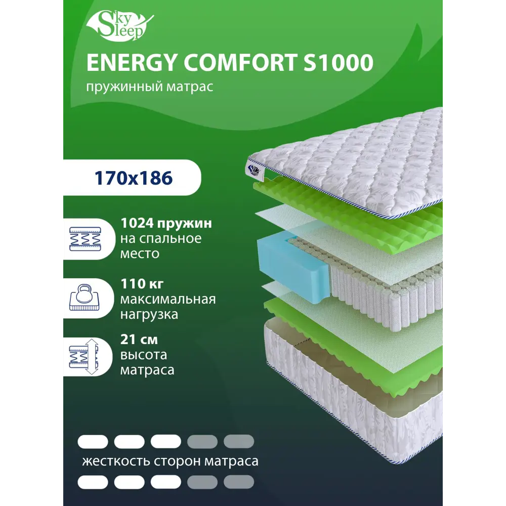 Фото Матрас SkySleep Energy Comfort S1000 170x186 см независимый пружинный блок, двуспальный, ортопедический Фото Матрас SkySleep Energy Comfort S1000 170x186 см независимый пружинный блок, двуспальный, ортопедический