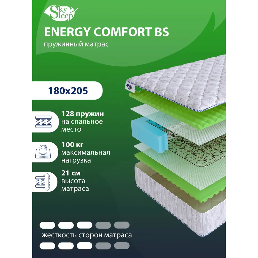 Фото Матрас SkySleep Energy Comfort BS 180x205 см зависимый пружинный блок, двуспальный, ортопедический
