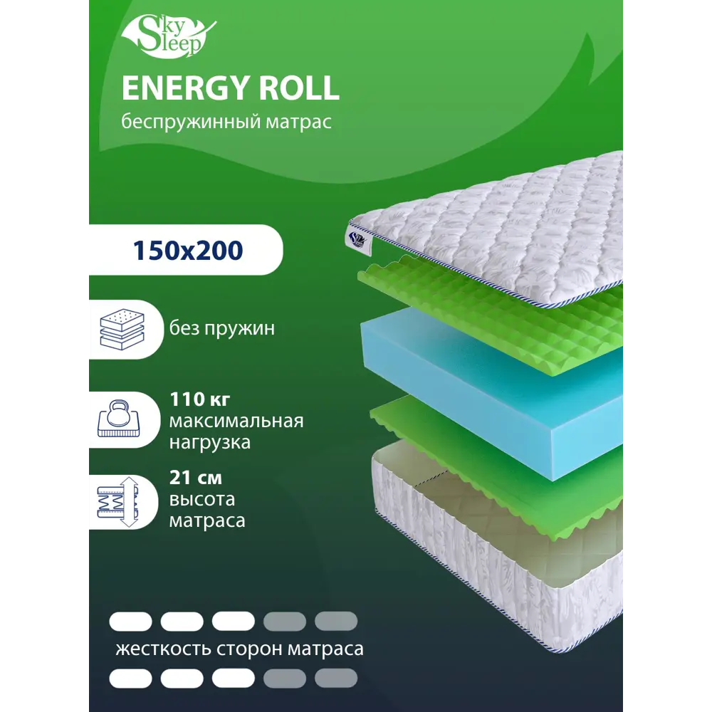 Фото Матрас SkySleep Energy Roll 150x200 см беспружинный, двуспальный, ортопедический Фото Матрас SkySleep Energy Roll 150x200 см беспружинный, двуспальный, ортопедический