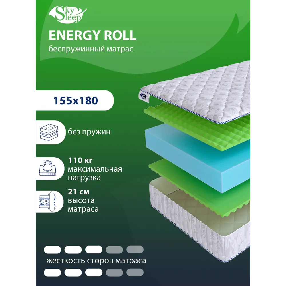 Фото Матрас SkySleep Energy Roll 155x180 см беспружинный, двуспальный, ортопедический Фото Матрас SkySleep Energy Roll 155x180 см беспружинный, двуспальный, ортопедический