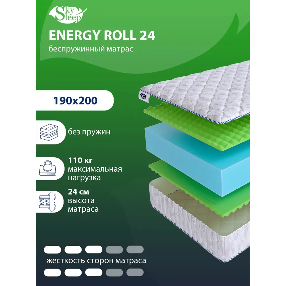 Фото Матрас SkySleep Energy Roll 24 190x200 см беспружинный, двуспальный, ортопедический Фото Матрас SkySleep Energy Roll 24 190x200 см беспружинный, двуспальный, ортопедический