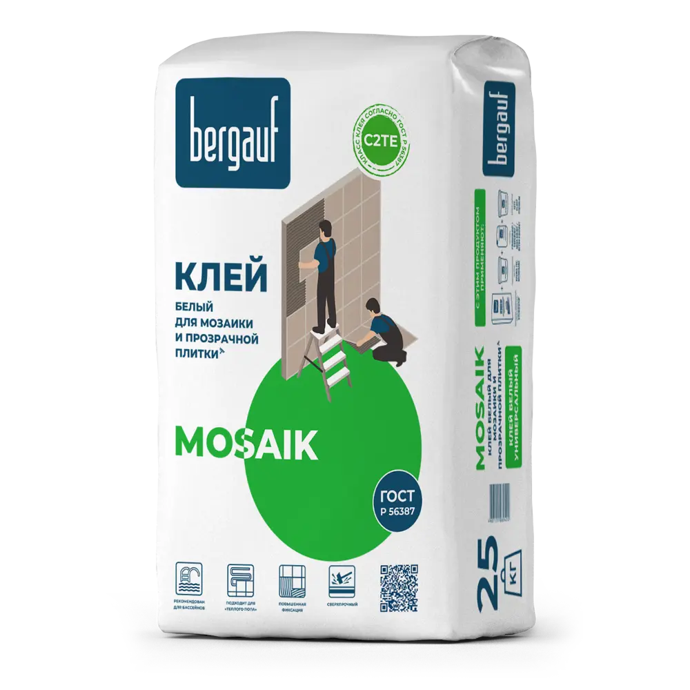 Фото Клей для плитки Bergauf Mosaik С2TE 25 кг цвет белый Фото Клей для плитки Bergauf Mosaik С2TE 25 кг цвет белый