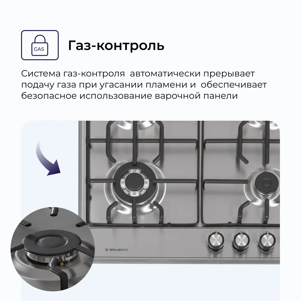 Фото 8 Газовая варочная панель Delvento V60V41M001 58 см 4 конфорки цвет серебряный Фото 8 Газовая варочная панель Delvento V60V41M001 58 см 4 конфорки цвет серебряный